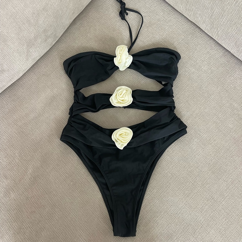 SHEIN Black One-Piece Swimsuit with Cream Flower Accents